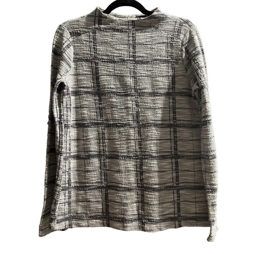 The Limited size M gray plaid back zip textured fabric mock neck long sleeve top